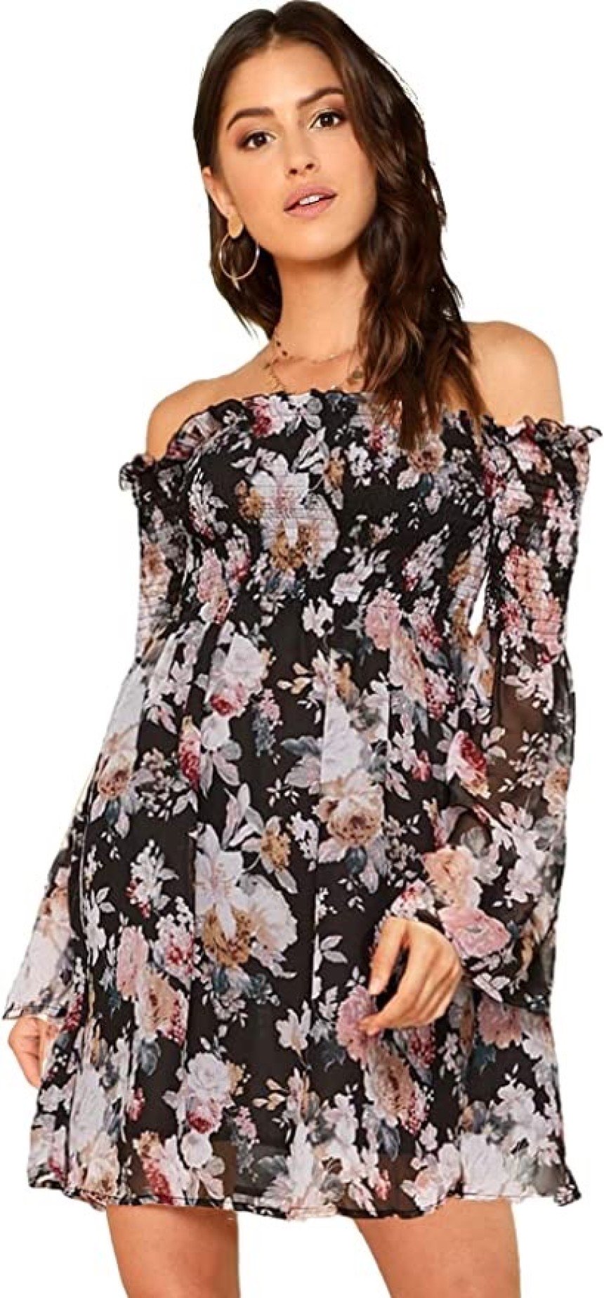 Romwe Women's Casual Floral Print Off Shoulder Trumpet
